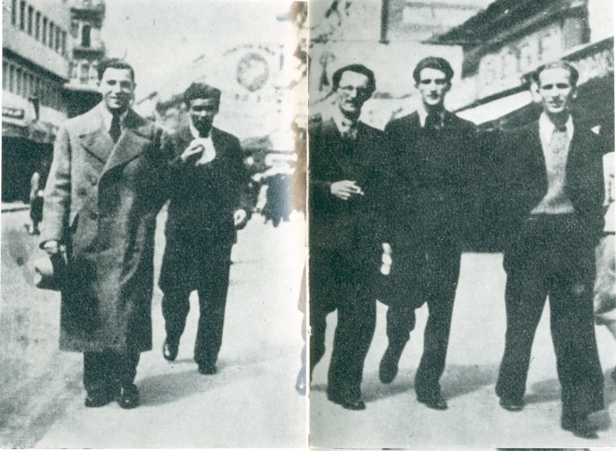 Lola Ribar, Milan Matić, Hasan Brkić, Đura Strugar, Ratko Mitrović, Knez Mihajlova ulica, Beograd, 1937
