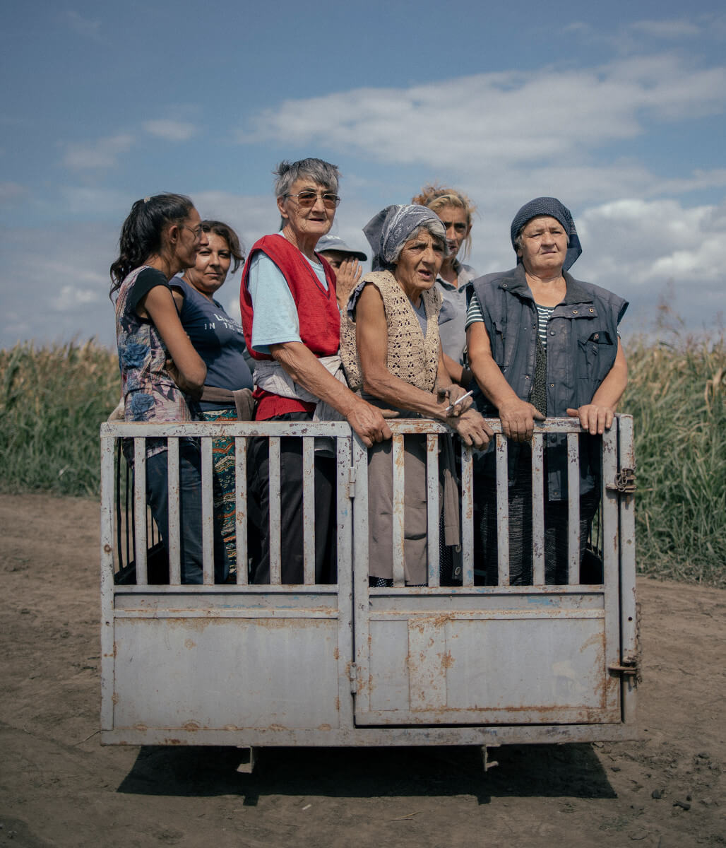 radnice na njivi u prikolici